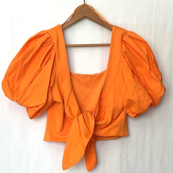 Anthropologie Orange Puff Sleeve Crop Top with tie back - Picture 2 of 5